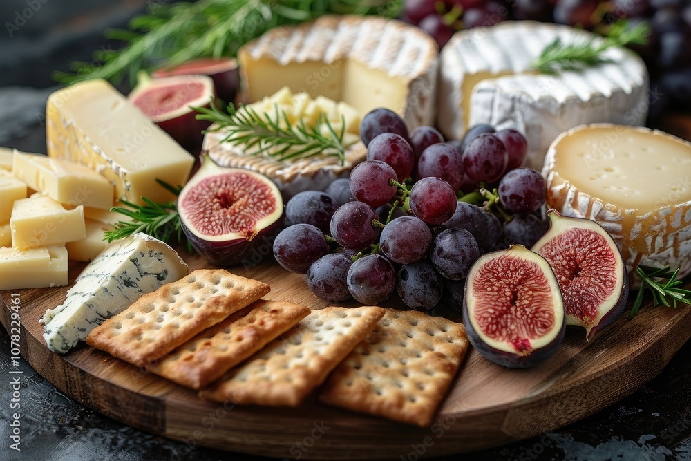 Gourmet Cheese Board with Figs, Grapes, and Crackers Gourmet Cheese Board with Figs, Grapes, and Crackers