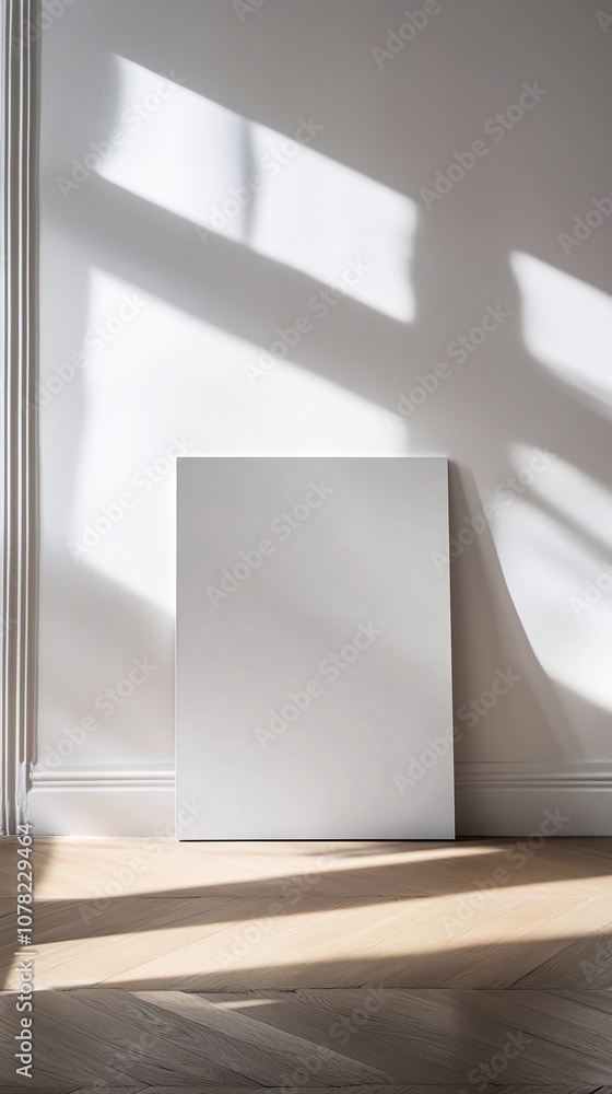 Blank Canvas Frame on Wooden Floor Minimalist Design, White Frame Mockup Sitting on Wooden Floor with White Wall Blank Canvas Frame on Wooden Floor Minimalist Design, White Frame Mockup Sitting on Wooden Floor with White Wall