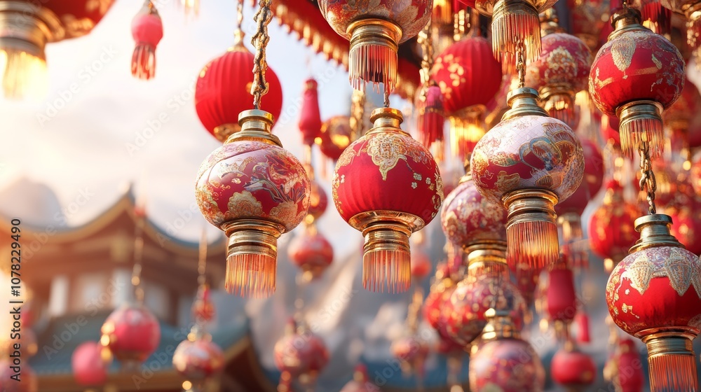 Naklejka premium A close-up of red and gold Chinese lanterns hanging in front of a traditional temple with a blurry background.
