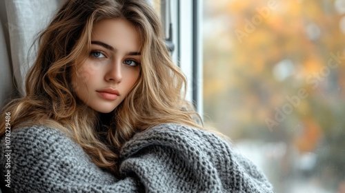 Cozy Autumn Portrait of a Young Woman in Soft Knitwear by the Window