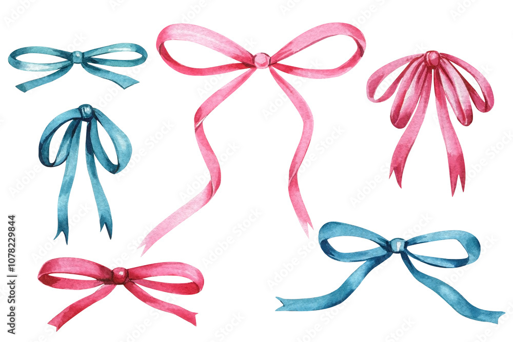 pink and blue bows watercolor illustration isolated on white background, hand-painted ribbons, cute and decorative pink and blue bows watercolor illustration isolated on white background, hand-painted ribbons, cute and decorative
