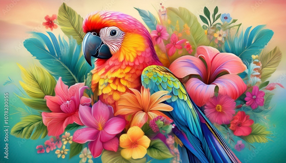 コンゴウインコと熱帯の花々のイラスト(Illustration of macaw and tropical flowers.)
コンゴウインコと熱帯の花々のイラスト(Illustration of macaw and tropical flowers.)