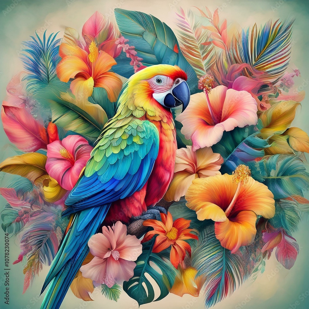 コンゴウインコと熱帯の花々のイラスト(Illustration of macaw and tropical flowers.)
コンゴウインコと熱帯の花々のイラスト(Illustration of macaw and tropical flowers.)