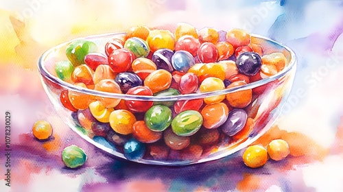 Watercolor Artistic using soft, brushy watercolor strokes, Single object picture - a festive pi ata bursting with colorful candies photo