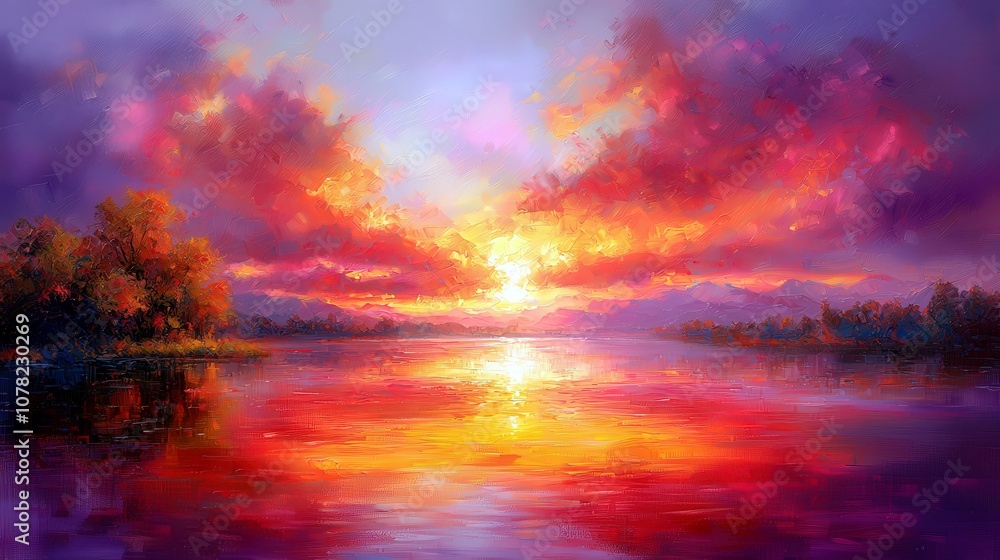 Vibrant Sunset Over Calm Lake with Reflections of Colorful Clouds and Lush Trees Creating a Serene and Tranquil Atmosphere in Nature's Splendor Vibrant Sunset Over Calm Lake with Reflections of Colorful Clouds and Lush Trees Creating a Serene and Tranquil Atmosphere in Nature's Splendor