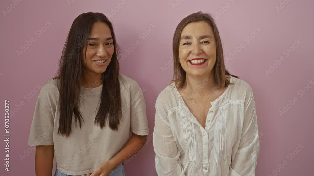 Mother and daughter smiling and laughing together against a pink wall showing love and bonding between two women Mother and daughter smiling and laughing together against a pink wall showing love and bonding between two women