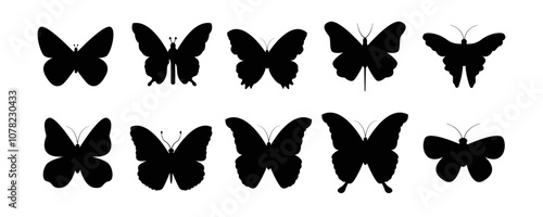 Flying butterflies silhouette black set isolated on white background. vector illustration