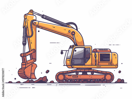 Yellow construction vehicle is digging into the ground. The machine is large and powerful, with a long arm and a bucket at the end. Concept of hard work and determination