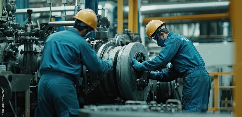 Two Workers in Blue Coveralls Working on a Large Industrial Machine Two Workers in Blue Coveralls Working on a Large Industrial Machine