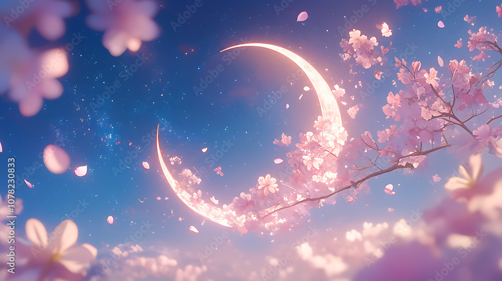 The crescent moon shines at night with the cherry blossoms The crescent moon shines at night with the cherry blossoms