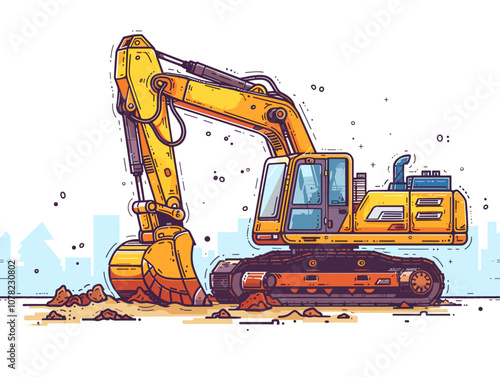 Yellow excavator is digging in the dirt. The machine is surrounded by buildings, and the sky is blue