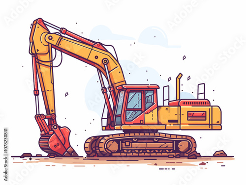 Yellow and red construction machine is digging into the ground. The machine is large and powerful, and it is likely used for heavy-duty construction work