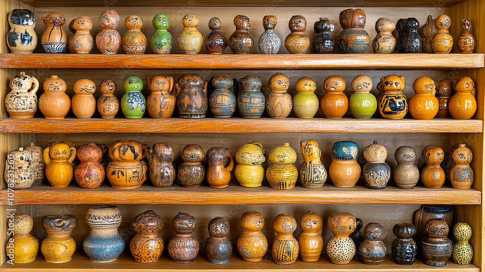 A collection of small, hand-painted ceramic figurines arranged on wooden shelves. A collection of small, hand-painted ceramic figurines arranged on wooden shelves.
