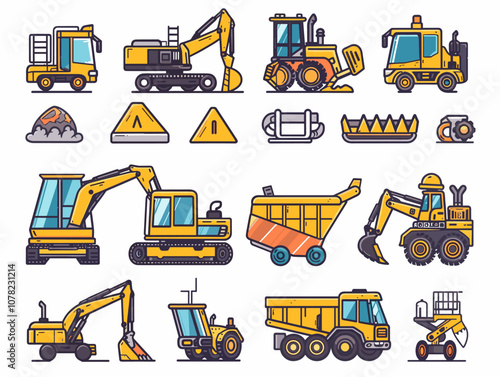Collection of yellow construction vehicles, including a bulldozer, a backhoe, and a dump truck
