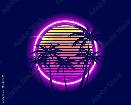 80s futuristic landscape concept. Sunset with palm trees. Vector illustration.