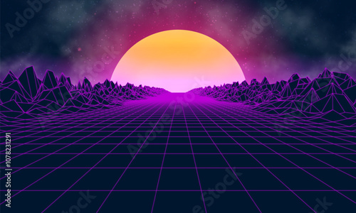 Synthwave futuristic landscape. 80s retro neon concept. Vector illustration.