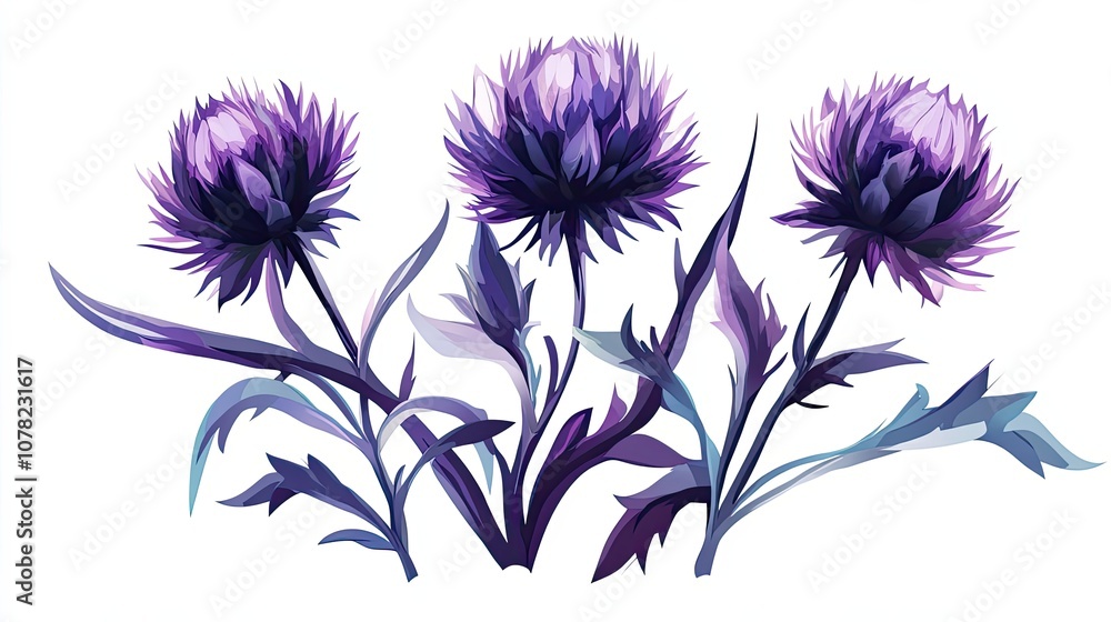 Three Purple Thistle Flowers with Blue-Green Leaves Three Purple Thistle Flowers with Blue-Green Leaves