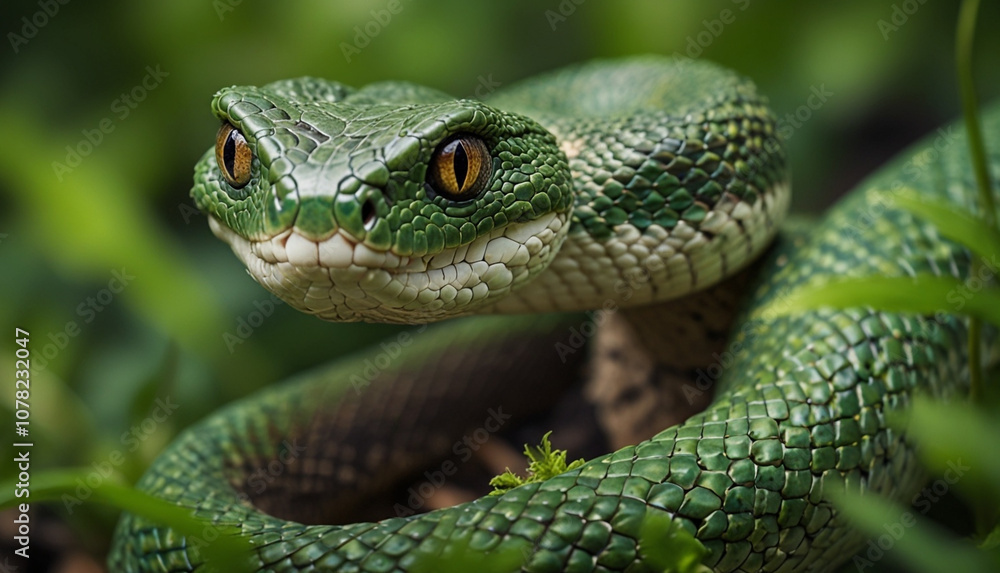 Fototapeta premium Close up a green snake with blurry nature background. Generative AI