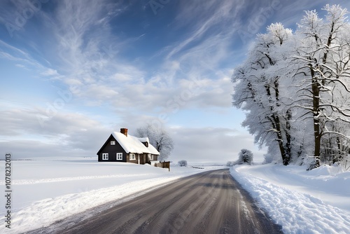 A winter landscape with a snow covered road leading to a small cottage, Ai Generated