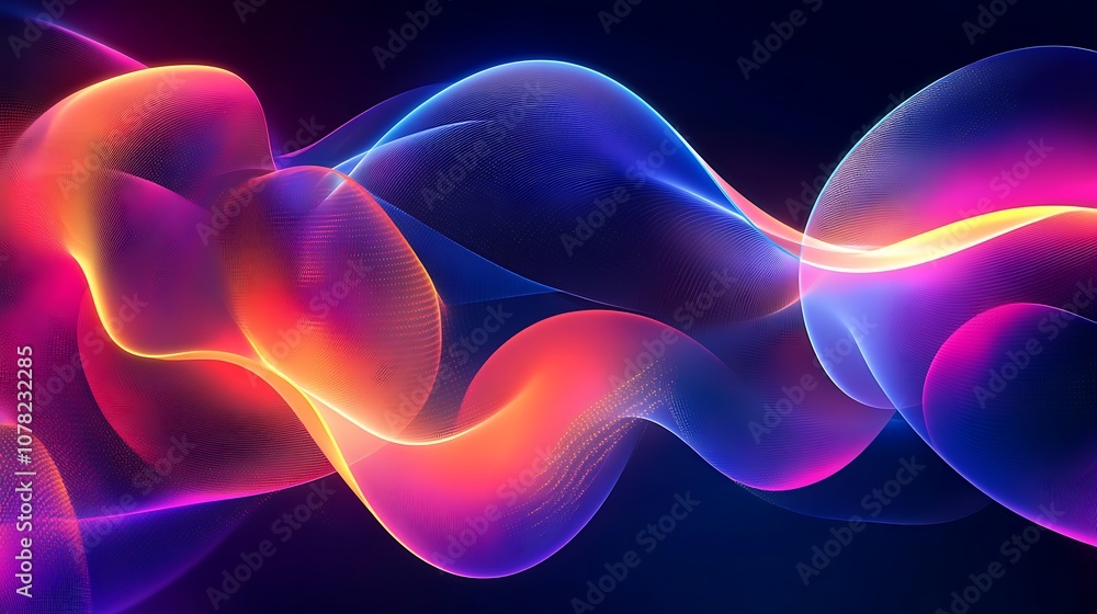 Glowing geometric shapes with neon edges in a smooth digital fluid design. Glowing geometric shapes with neon edges in a smooth digital fluid design.