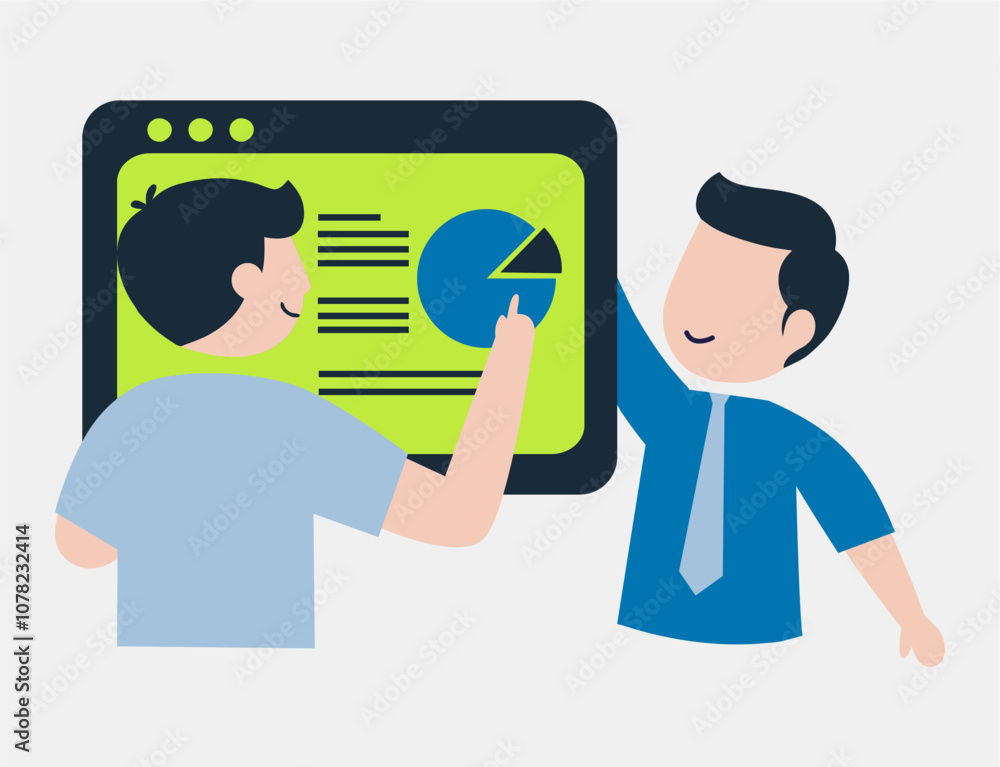 Employee present data to his coworker. Teamwork or collaboration to success. Employee cooperation, team target, leadership, collaboration vector illustration. Employee present data to his coworker. Teamwork or collaboration to success. Employee cooperation, team target, leadership, collaboration vector illustration.