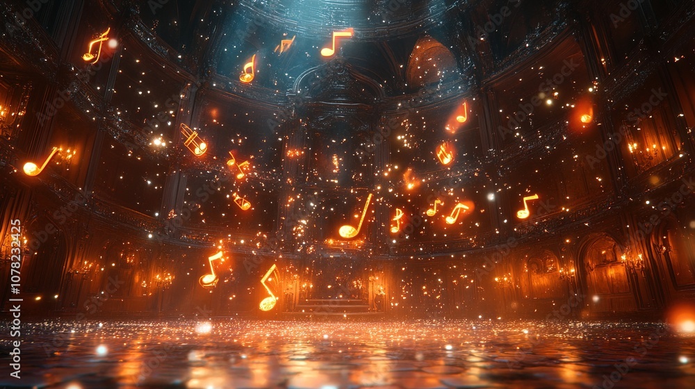 Obraz premium Vibrant musical notes floating over a sparkling hall 