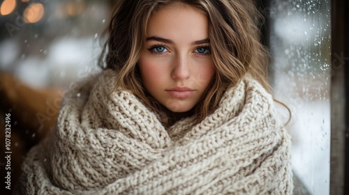 Cozy Winter Portrait of a Young Woman Wrapped in Knitted Scarf