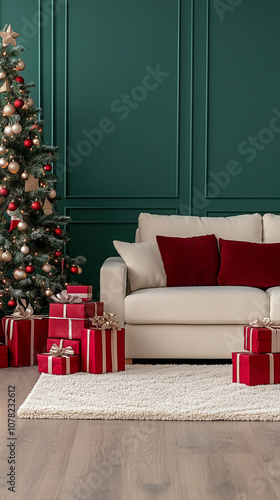 Modern living room with Christmas tree and red gift boxes.