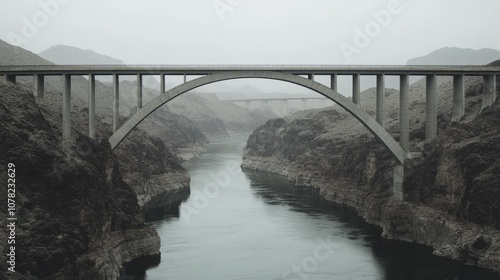 A concrete arch bridge spans a river winding through a canyon, shrouded in mist. photo