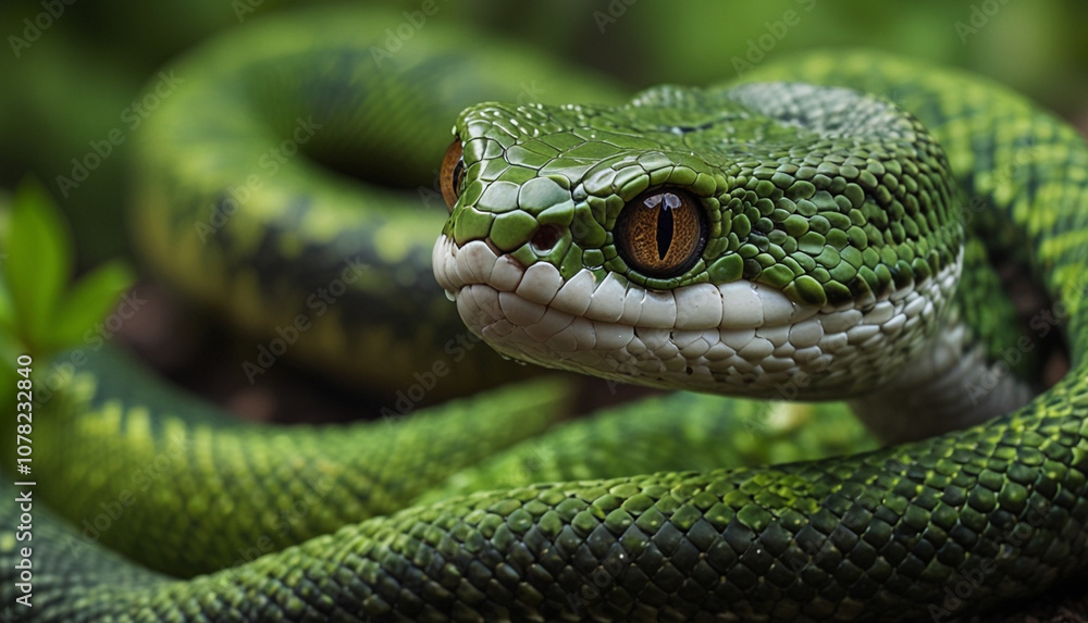 Close up a green snake with blurry nature background. Generative AI Close up a green snake with blurry nature background. Generative AI