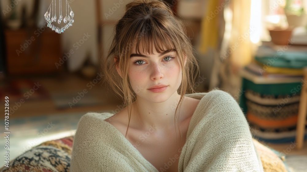 Serene Young Woman in Cozy Natural Light Setting Serene Young Woman in Cozy Natural Light Setting