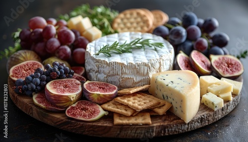 Cheese, Figs, Grapes, and Crackers on a Wooden Cutting Board