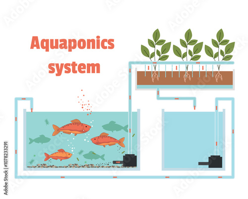 aquaponic tank for crop production flat vector illustration isolated on white. Hydroponics and aquaponics technology for plants. Environmental and nature friendly gardening and agriculture model with 