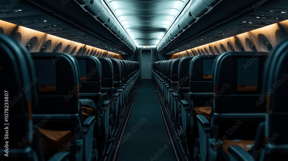 Fototapeta premium Interior of a commercial airplane featuring empty rows of seats and overhead compartments illuminated by sleek ambient lighting.