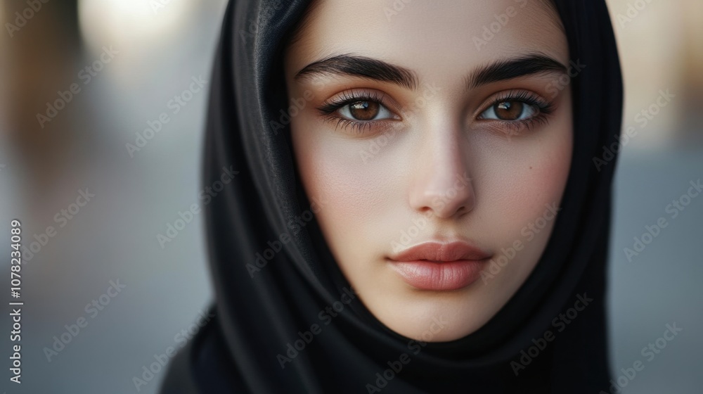Portrait of a young woman with elegant black hijab and natural makeup Portrait of a young woman with elegant black hijab and natural makeup