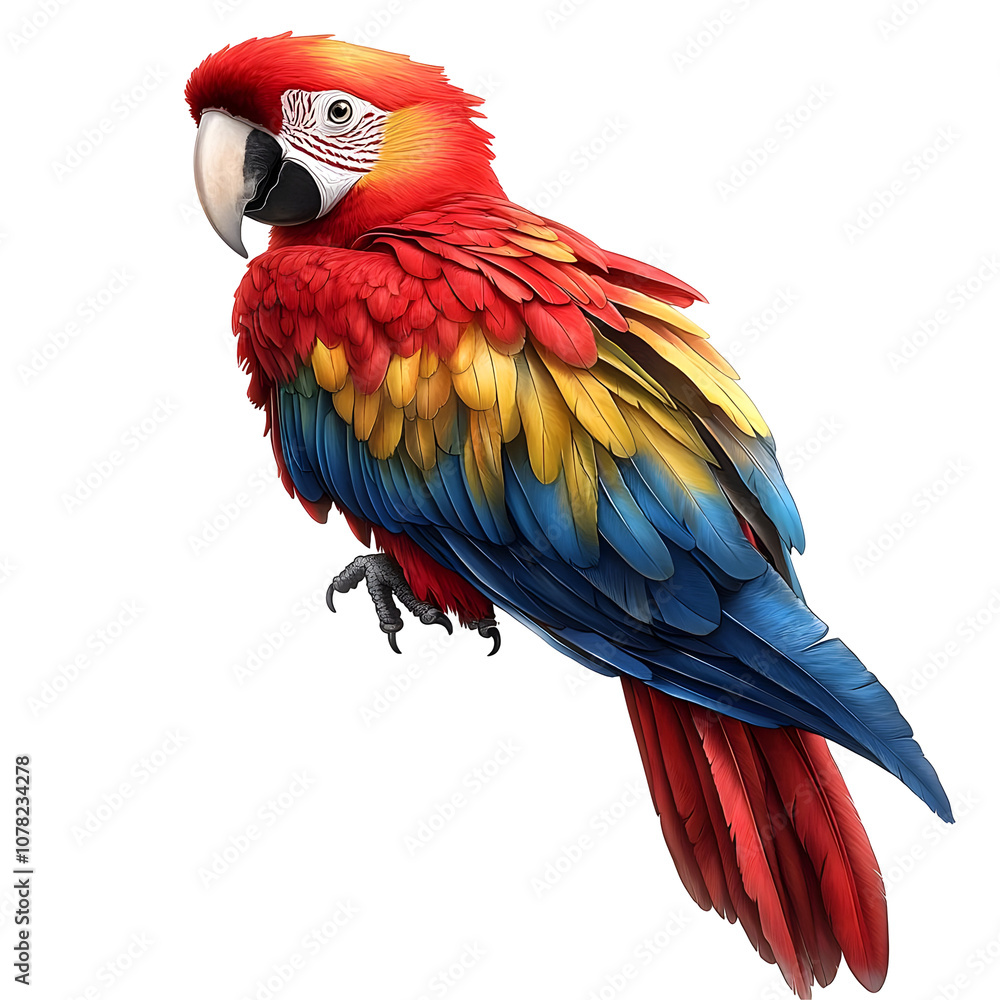 Fototapeta premium A Colorful Parrot with Red, Yellow, and Blue Feathers Perched on a Branch Isolated on a Transparent Background