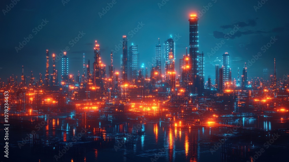 Futuristic cityscape illuminated by vibrant lights at night. Futuristic cityscape illuminated by vibrant lights at night.