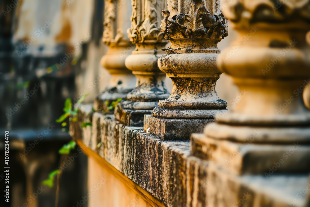 A row of stone pillars with ivy growing on them. The pillars are old and weathered, giving the scene a sense of history and nostalgia. The ivy adds a touch of natural beauty to the otherwise plain A row of stone pillars with ivy growing on them. The pillars are old and weathered, giving the scene a sense of history and nostalgia. The ivy adds a touch of natural beauty to the otherwise plain