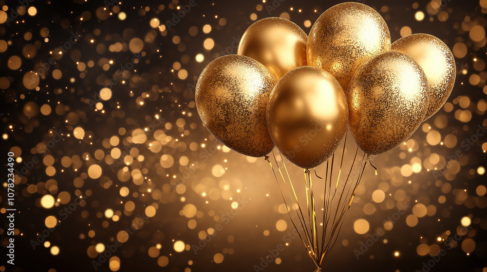Gold balloons with foil confetti falling Gold balloons with foil confetti falling
