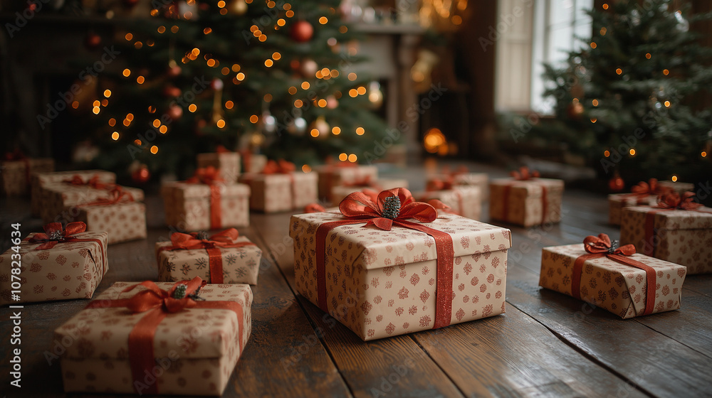 Fototapeta premium Christmas gift box with red and gold Christmas balls, tied with a velvet ribbon, surrounded by festive pine branches and sparkling fairy lights