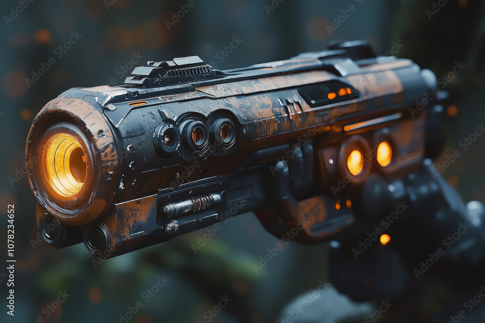 A gun with a yellow light on it. The gun is in a dark setting A gun with a yellow light on it. The gun is in a dark setting