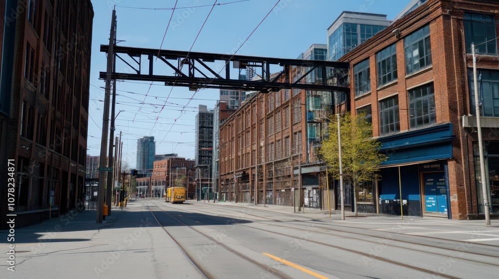 A deserted street in a city with a yellow bus in the distance, surrounded by brick buildings and a metal structure above the road. A deserted street in a city with a yellow bus in the distance, surrounded by brick buildings and a metal structure above the road.
