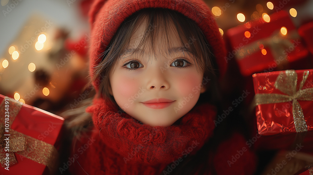 cute baby girl with a gift box by the christmas tree cute baby girl with a gift box by the christmas tree