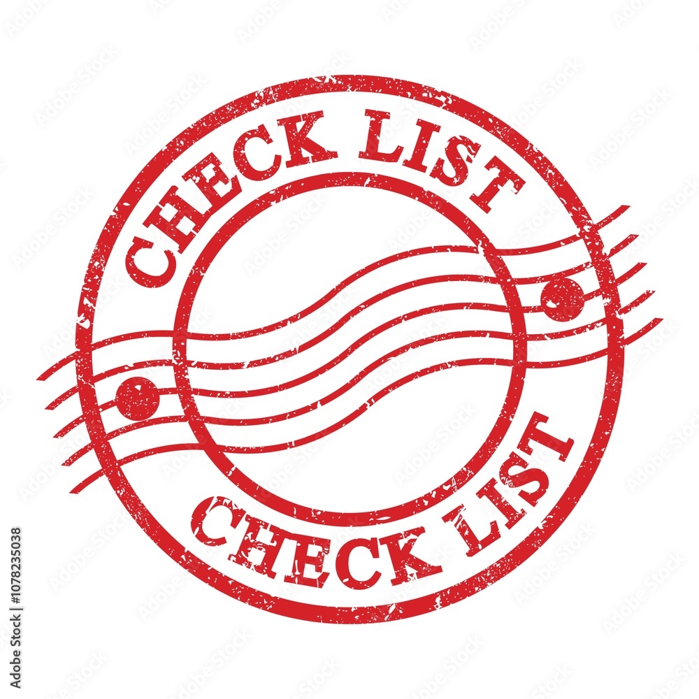 CHECK LIST, text written on red postal stamp. CHECK LIST, text written on red postal stamp.
