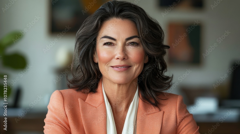 Fototapeta premium Confident Businesswoman with Warm Smile in Modern Office Setting