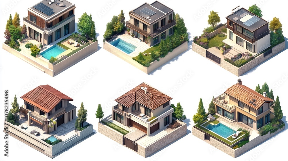 A vibrant, modern neighborhood with sleek, eco-friendly houses surrounded by lush greenery, showcasing innovative architectural designs and sustainable living A vibrant, modern neighborhood with sleek, eco-friendly houses surrounded by lush greenery, showcasing innovative architectural designs and sustainable living