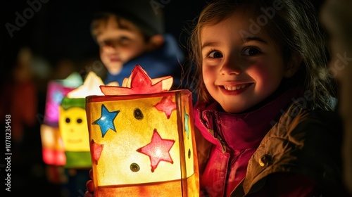 Joyful lantern festival night with smiling children celebrating with colorful star lanterns St. Martin's Day.