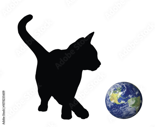 The silhouette of cat playing with globe.