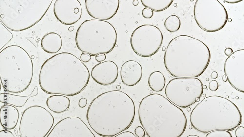 Bubble cluster, cells under a microscope. Transparent cosmetic gel fluid with molecule bubbles oil distribution. Macro Shot of Natural Organic Cosmetics, Medicine. Production Close-up. Slow Motion. 4k