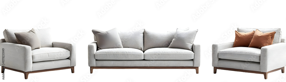 Obraz premium Gray and Beige Fabric Sofa and Armchairs with Cushions, Set for Living Room, Isolated on Transparent Background
